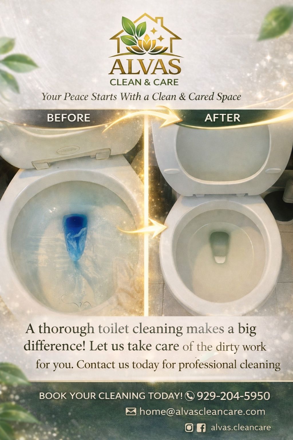 Before and after of a thorough toilet and bathroom cleaning