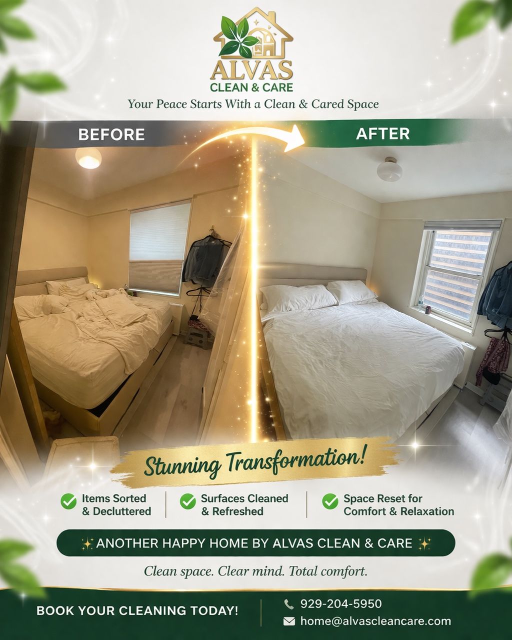 Before and after of a bedroom reset by Alvas Clean & Care