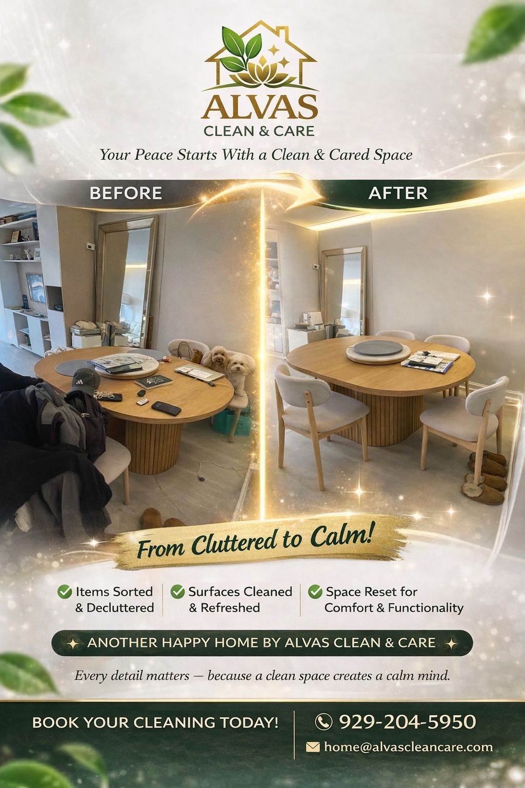 Before and after of a dining area, from cluttered to calm