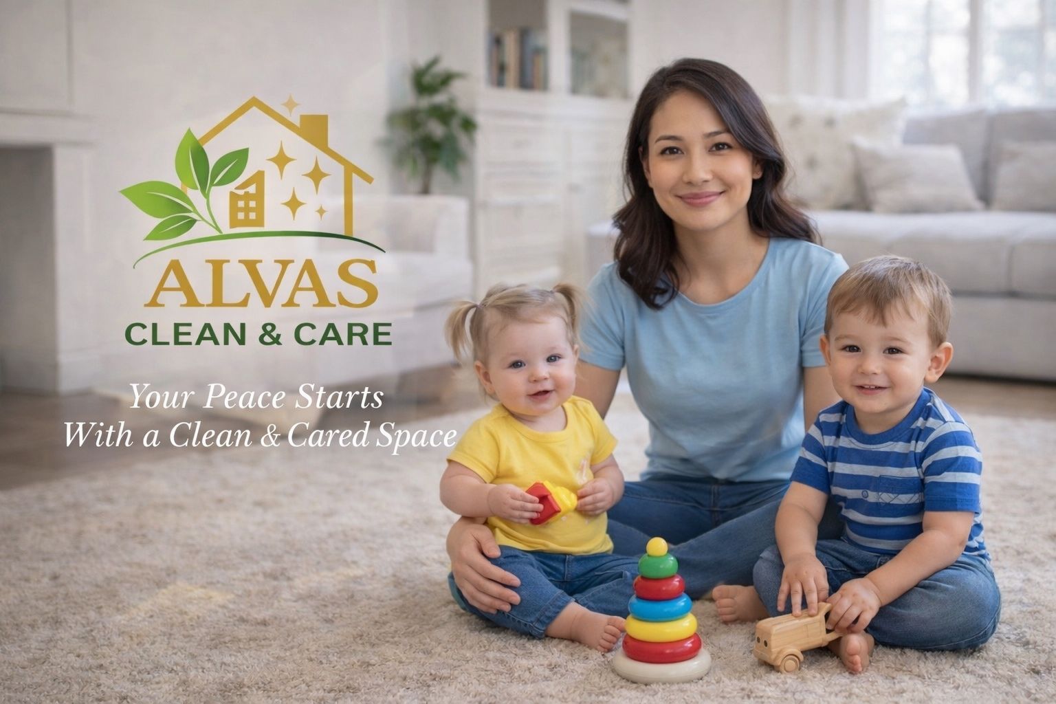 Caregiver playing with two happy toddlers in a bright, clean living room