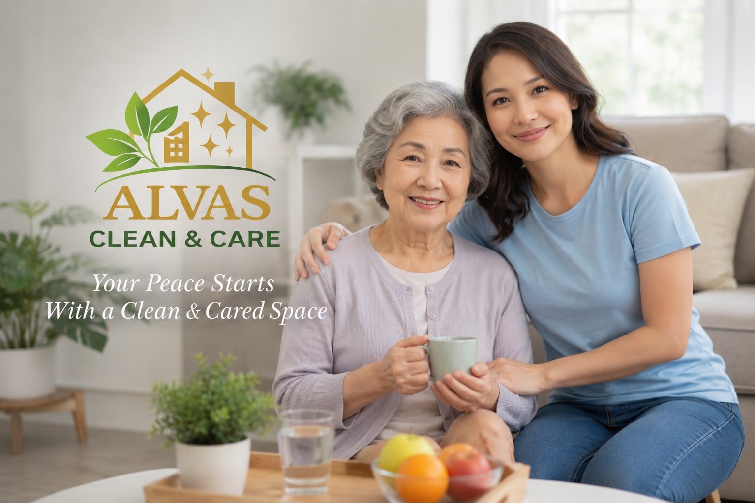 Alvas Clean & Care companion sharing tea with a smiling senior client at home
