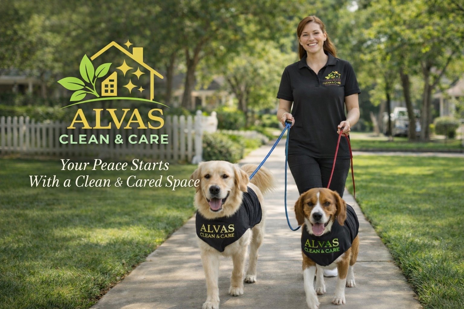 Alvas Clean & Care team member walking two happy dogs wearing Alvas vests