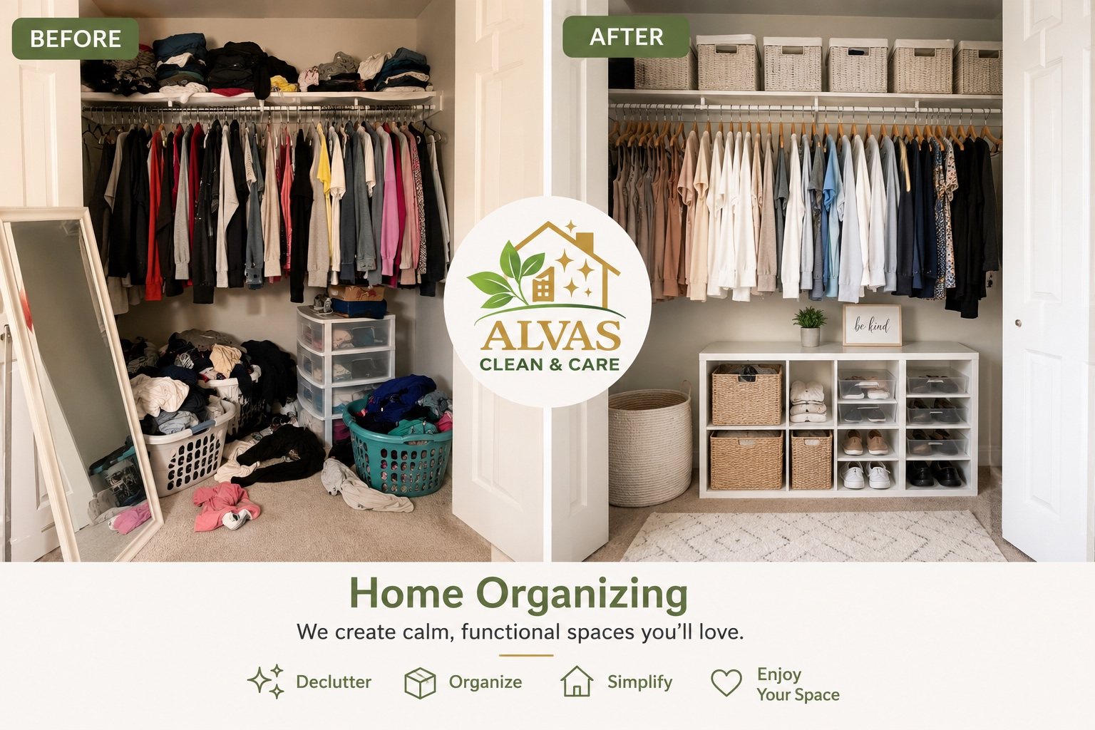 Before and after of a closet transformed by Alvas Clean & Care home organizing