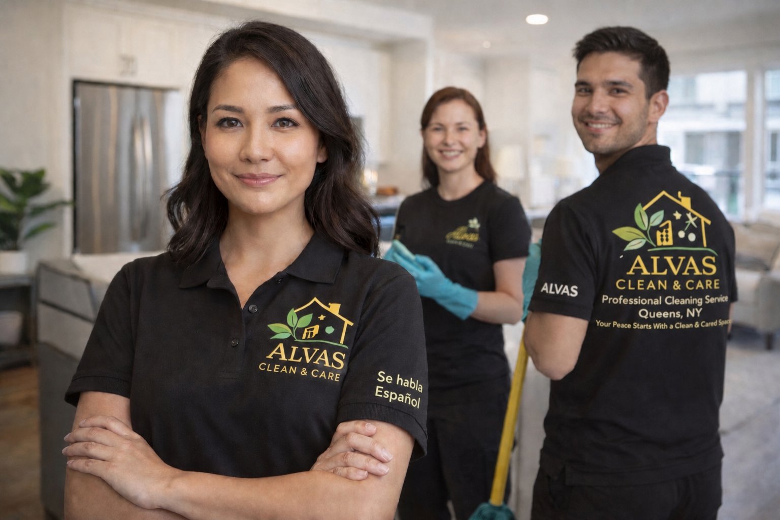 The Alvas Clean & Care team in uniform inside a bright, clean home — Se habla Español