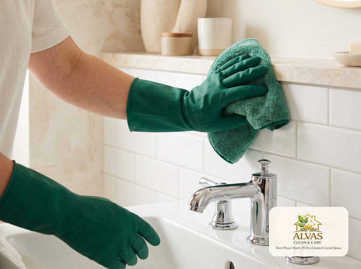 Close-up of gloved hands deep cleaning bathroom tile and chrome fixtures