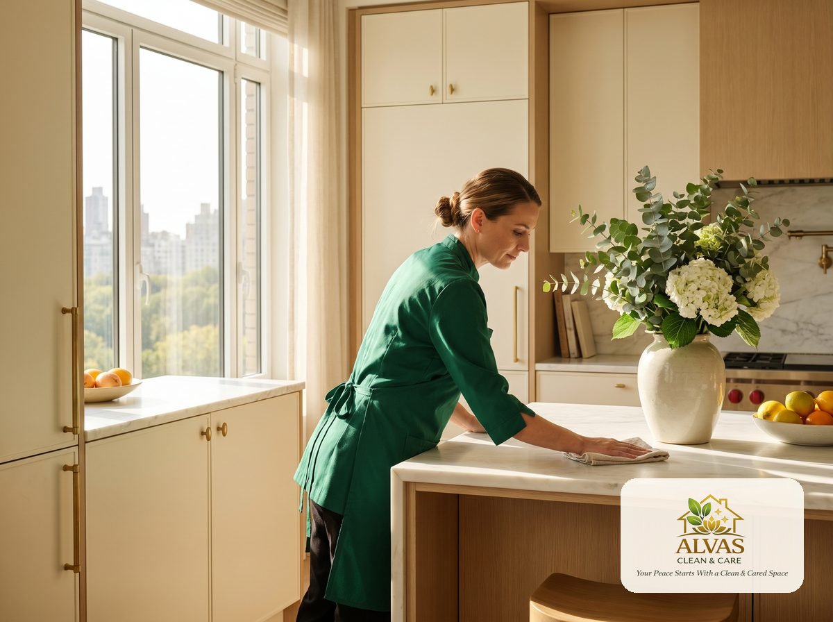 Alvas Clean & Care team member wiping down a kitchen counter during a house cleaning visit
