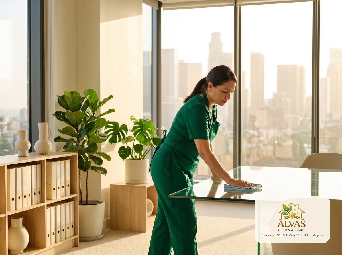 Alvas Clean & Care team member wiping a glass desk in a modern NYC office with skyline view
